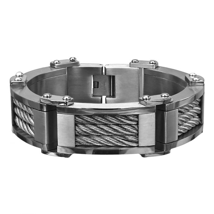 Amazon.com: Sabrina Silver Stainless Steel Black Cable Bracelet For Men,  1/2 inch wide, 9 inch long: Cuff Bracelets: Clothing, Shoes & Jewelry