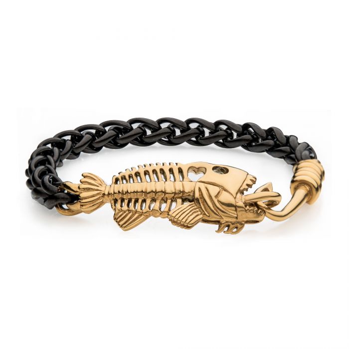 Black IP Wheat Chain with Gold IP Fishbone on Hook Clasp Bracelet