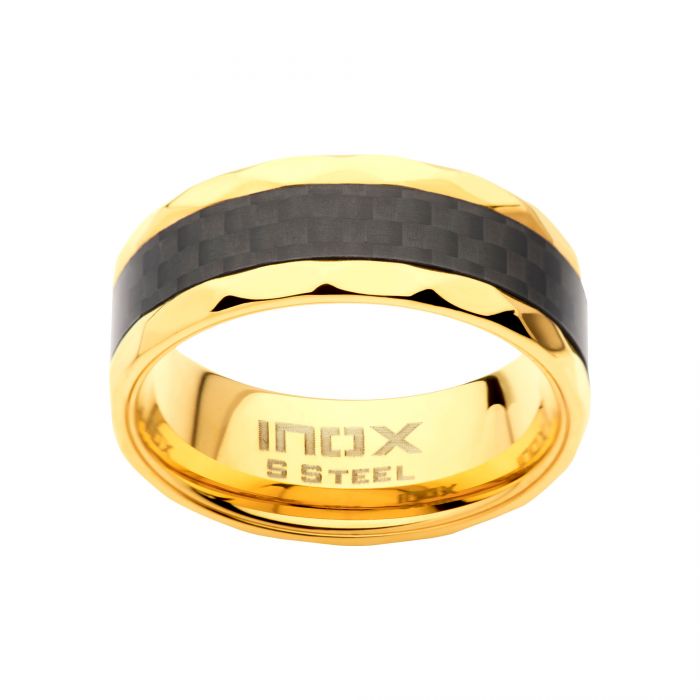 18K Yellow Gold Plated Tungsten Ring Beveled Edges With Black Carbon F– The  Artisan Rings