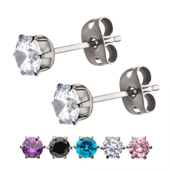 20g Titanium Post and Butterfly Back with Prong Set CZ Stud Earrings