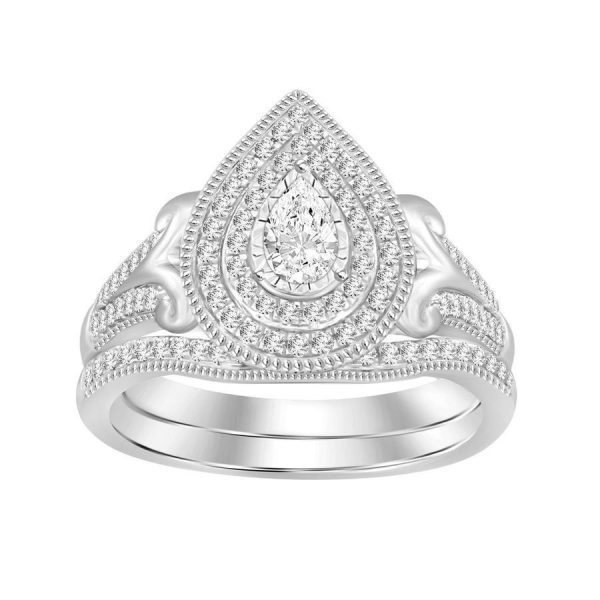 0009315 ladies bridal ring set 12 ct roundpear diamond 14k white gold