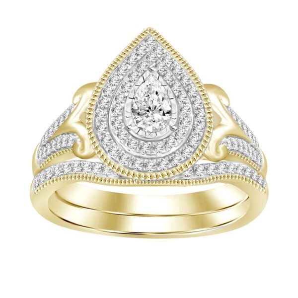 0012936 ladies bridal ring set 12 ct roundpear diamond 14k yellow gold
