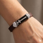Men�S Sterling Silver White Bracelet With Brown Leather Strap And Central Black Accent � 0.25Ct - Image 4