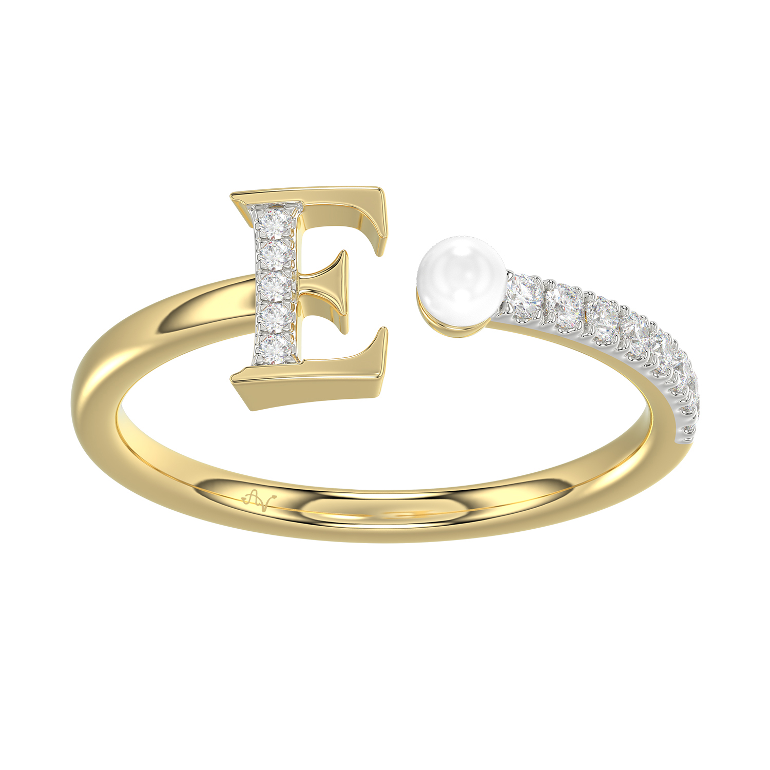 Women�S 10K Yellow Gold Letter �E� Diamond & Pearl Ring 0.10Ct Round Diamond Fine Jewelry 1 Women�S 10K Yellow Gold Letter �E� Diamond & Pearl Ring 0.10Ct Round Diamond Fine Jewelry - Image 1