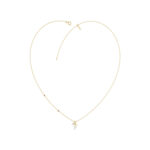 Stylish 10K Yellow Gold Ladies “F” Letter Necklace Featuring Round Ruby Diamonds And Pearl Accents. A Delicate And Personalized Fine Jewelry