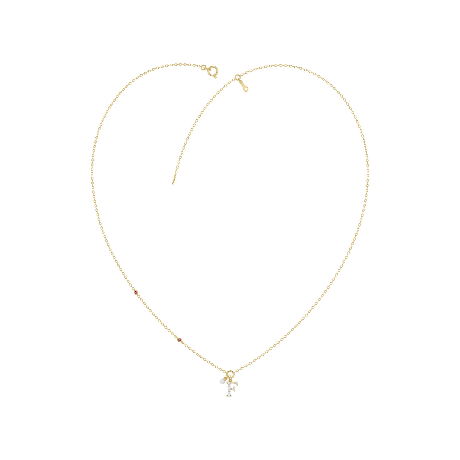 Stylish 10K Yellow Gold Ladies “F” Letter Necklace Featuring Round Ruby Diamonds And Pearl Accents. A Delicate And Personalized Fine Jewelry 1 Stylish 10K Yellow Gold Ladies “F” Letter Necklace Featuring Round Ruby Diamonds And Pearl Accents. A Delicate And Personalized Fine Jewelry - Image 1