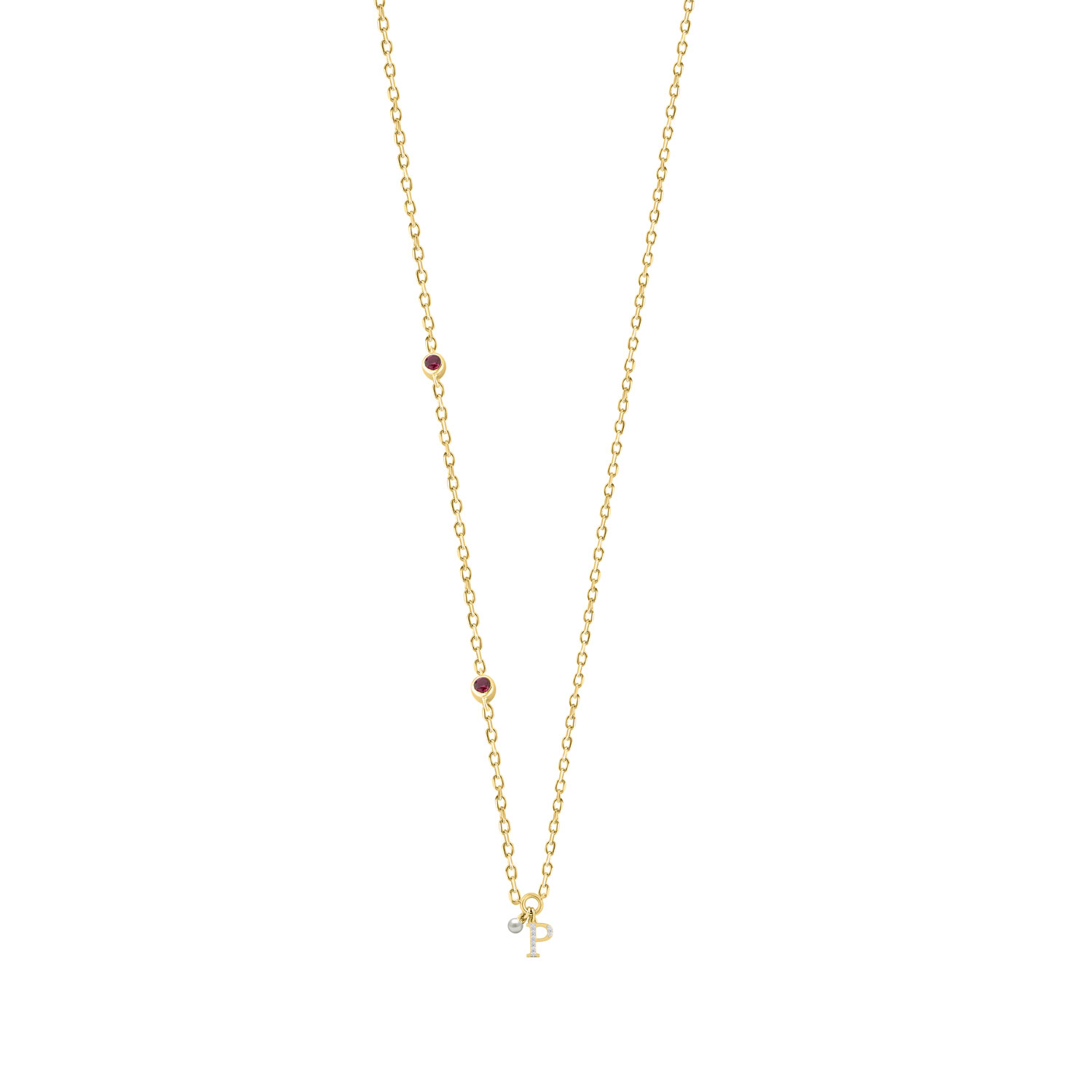 Stylish 10K Yellow Gold Ladies “P” Letter Necklace Featuring Round Ruby Diamonds And Pearl Accents. A Delicate And Personalized Fine Jewelry 1 Stylish 10K Yellow Gold Ladies “P” Letter Necklace Featuring Round Ruby Diamonds And Pearl Accents. A Delicate And Personalized Fine Jewelry - Image 1