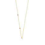 Stylish 10K Yellow Gold Ladies “R” Letter Necklace Featuring Round Ruby Diamonds And Pearl Accents. A Delicate And Personalized Fine Jewelry