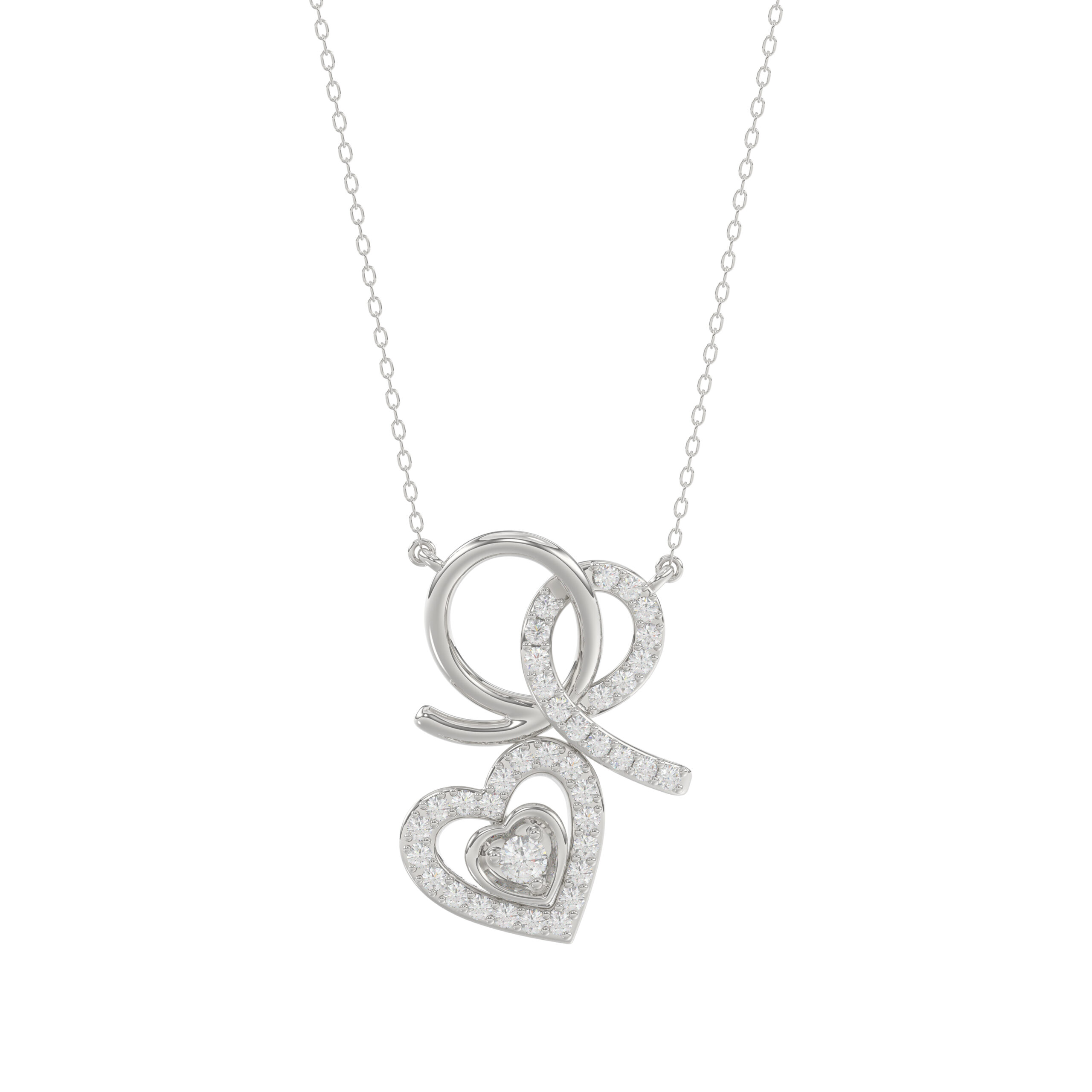 Stylish 10K White Gold 0.15Ct Ladies Necklace Featuring Intertwined Double Hearts And Diamond Accents. A Delicate And Elegant Fine Jewelry 1 Stylish 10K White Gold 0.15Ct Ladies Necklace Featuring Intertwined Double Hearts And Diamond Accents. A Delicate And Elegant Fine Jewelry - Image 1