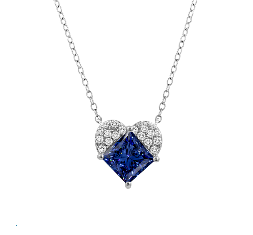 LADIES PENDANT WITH CHAIN 1.50CT ROUND/PRINCESS/BLUE SAPHIRE DIAMOND 14K WHITE GOLD (CENTER STONE PRINCESS BLUE SAPHIRE-1.35CT) 1 LADIES PENDANT WITH CHAIN 1.50CT ROUND/PRINCESS/BLUE SAPHIRE DIAMOND 14K WHITE GOLD (CENTER STONE PRINCESS BLUE SAPHIRE-1.35CT) - Image 1
