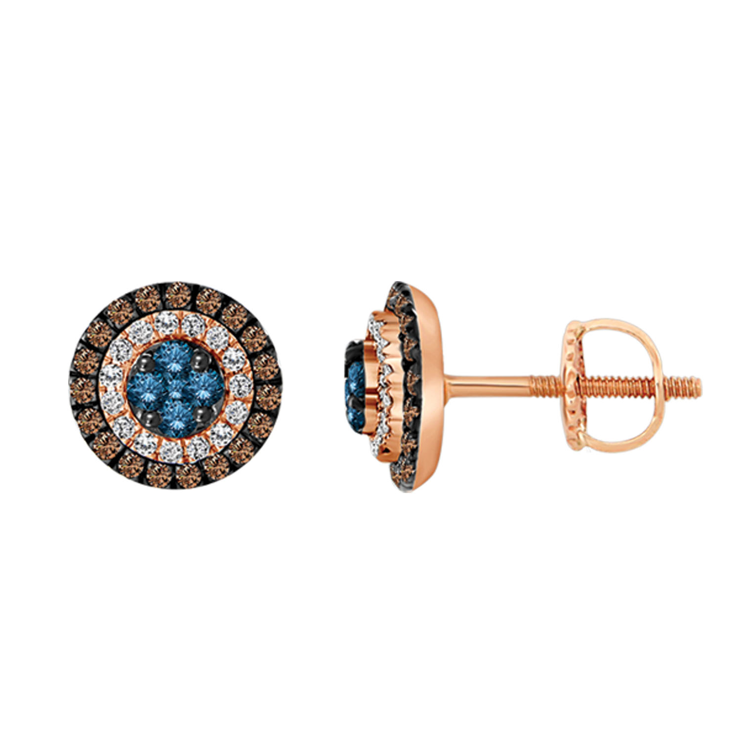 LADIES EARRINGS 1.00CT ROUND/BLUE SAPPHIRE/DARK BROWN DIAMOND 14K ROSE GOLD 1 LADIES EARRINGS 1.00CT ROUND/BLUE SAPPHIRE/DARK BROWN DIAMOND 14K ROSE GOLD - Image 1
