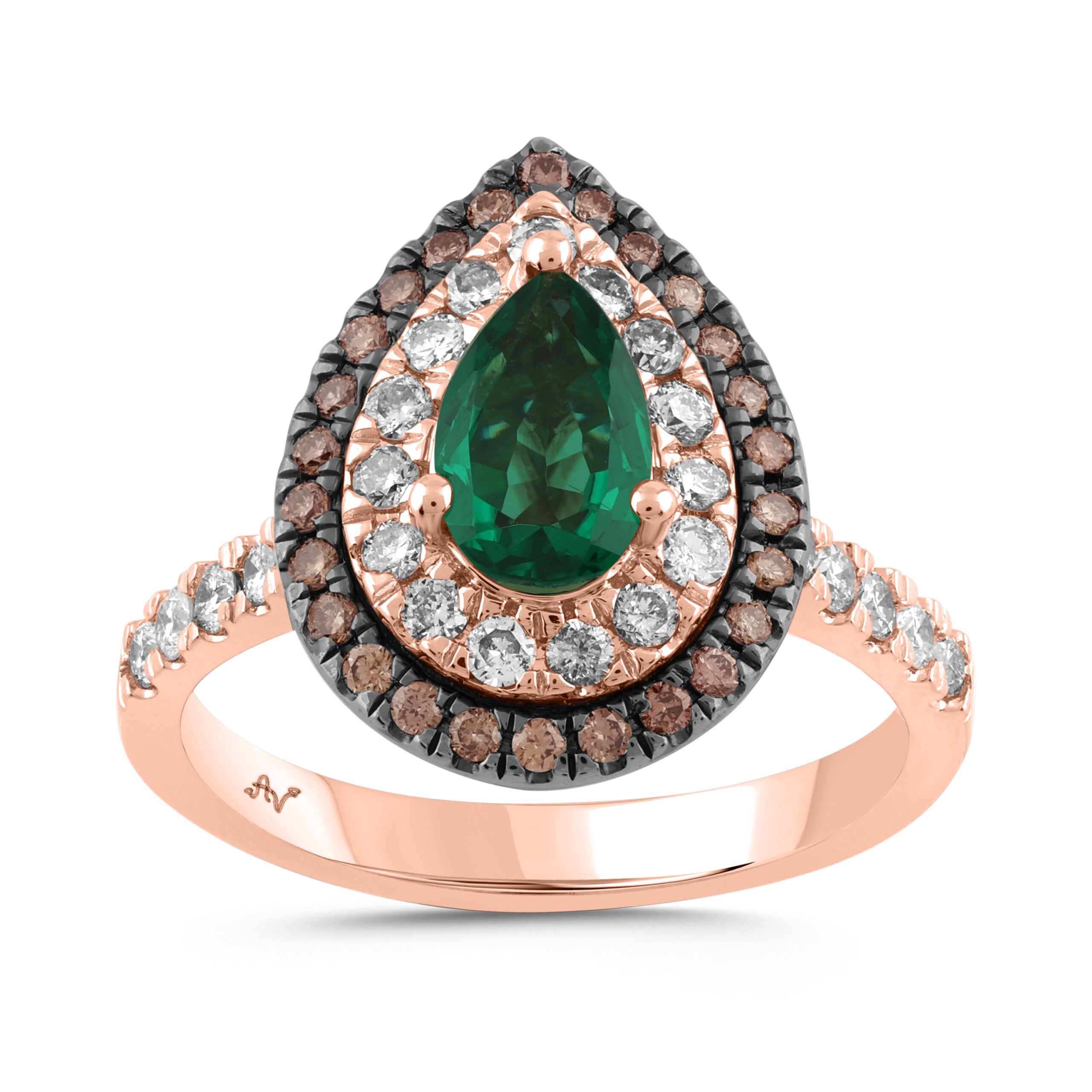 LADIES RING 2.00CT ROUND/DARK BROWN/PEAR EMERALD DIAMOND 14K ROSE GOLD (CENTER STONE EMERALD DIAMOND 1.25CT) 1 LADIES RING 2.00CT ROUND/DARK BROWN/PEAR EMERALD DIAMOND 14K ROSE GOLD (CENTER STONE EMERALD DIAMOND 1.25CT) - Image 1