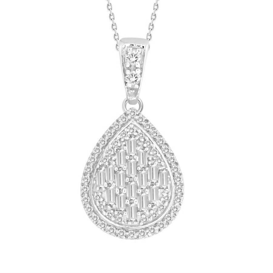 LADIES PENDANT WITH CHAIN 0.33CT ROUND/BAGUETTE DIAMOND 10K WHITE GOLD ...